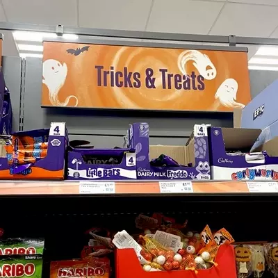 Hand illustrated ghosts and bats for Halloween at Waitrose supermarket 